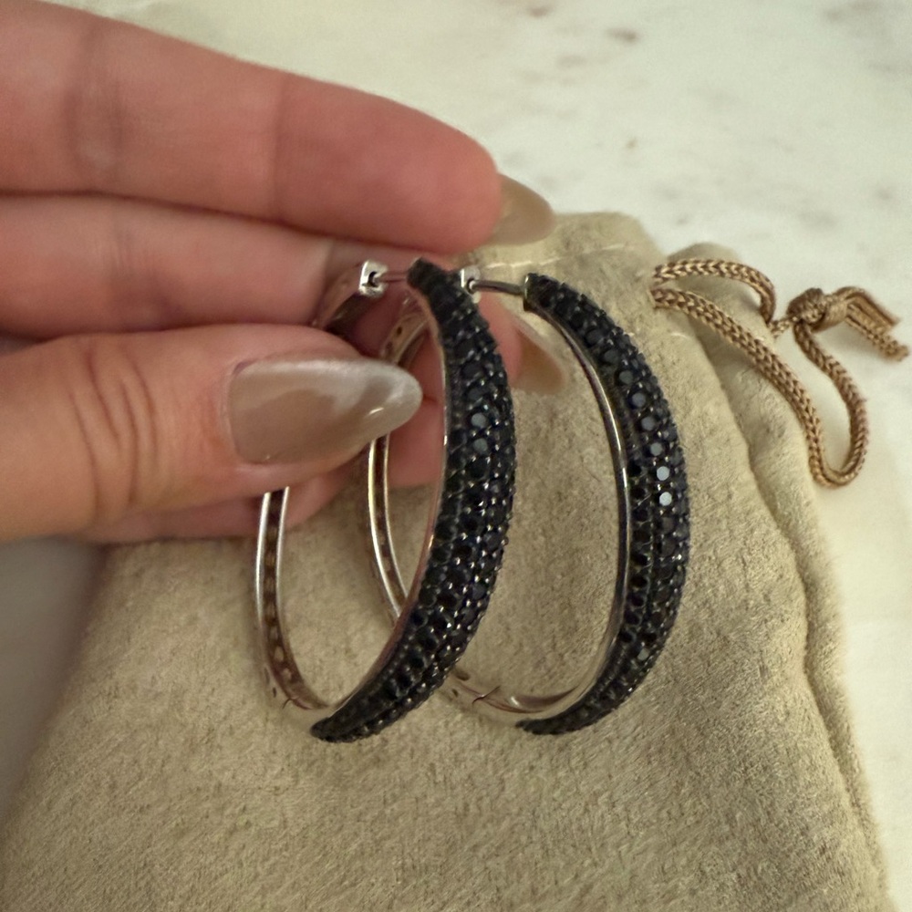 Black Spinel Sterling Silver Hoop Earrings - medium size